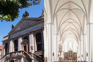 Geteiltes Bild einer klassischen Gebäudeaußenansicht und eines Kircheninnenraums.