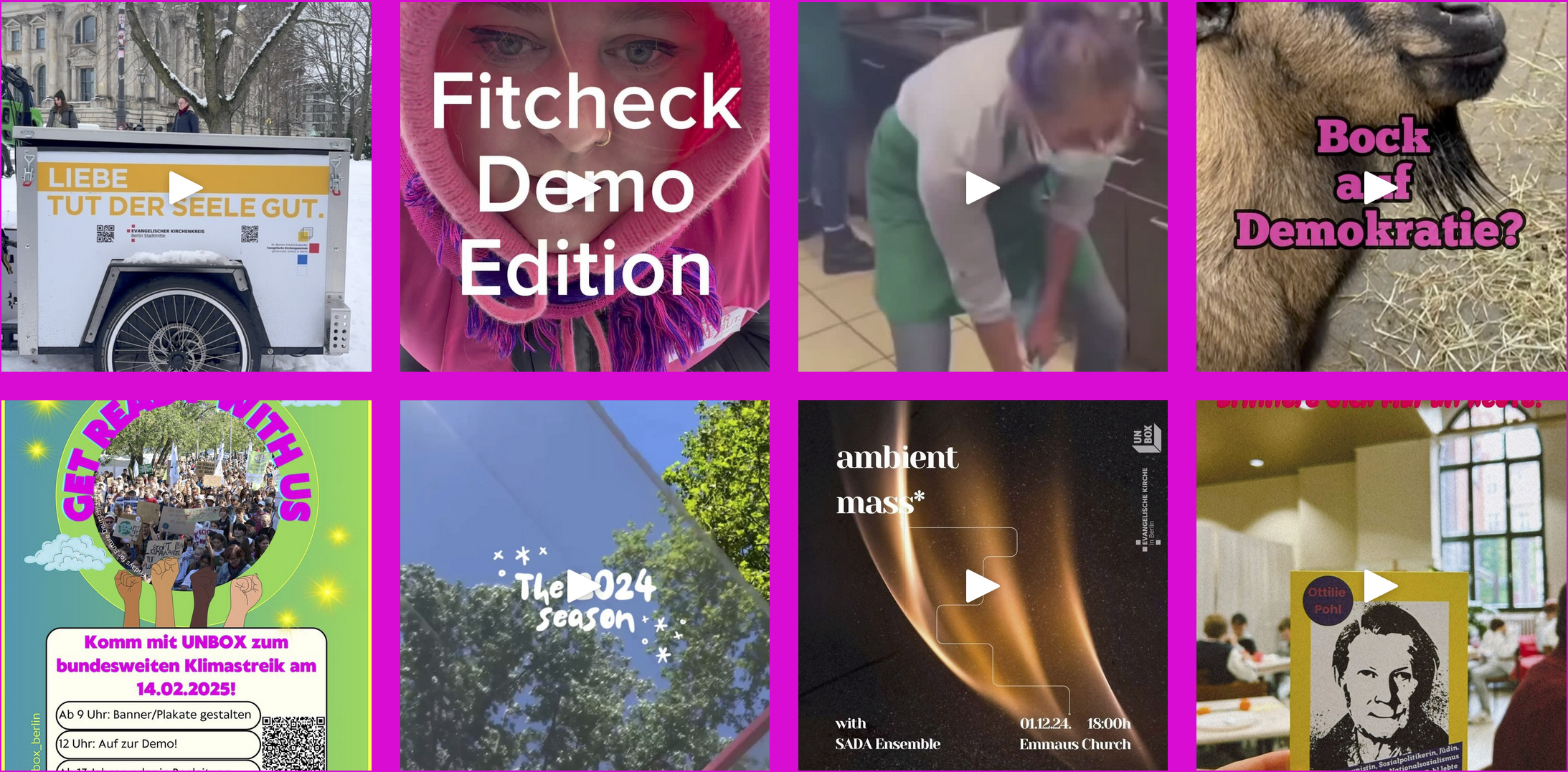 Collage mit verschiedenen Video- oder App-Vorschaubildern und Textfragmenten.